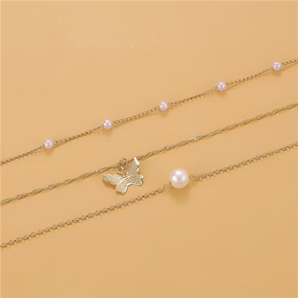 Layered Butterfly Pearl Pendant Necklace Set for Women Trendy 14k Gold Chain - Picture 7 of 8